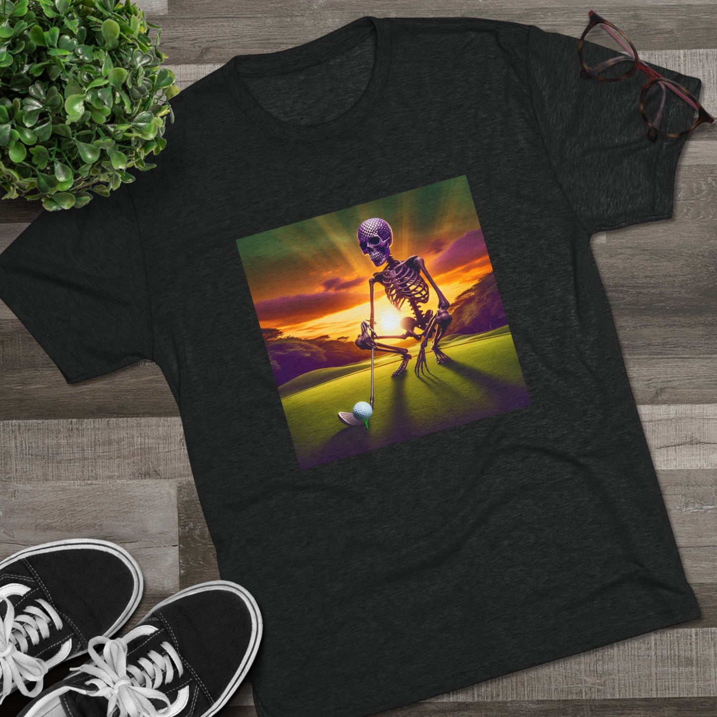 Skeleton Golf Tri-Blend Tee - Sunset Time Golfer Shirt