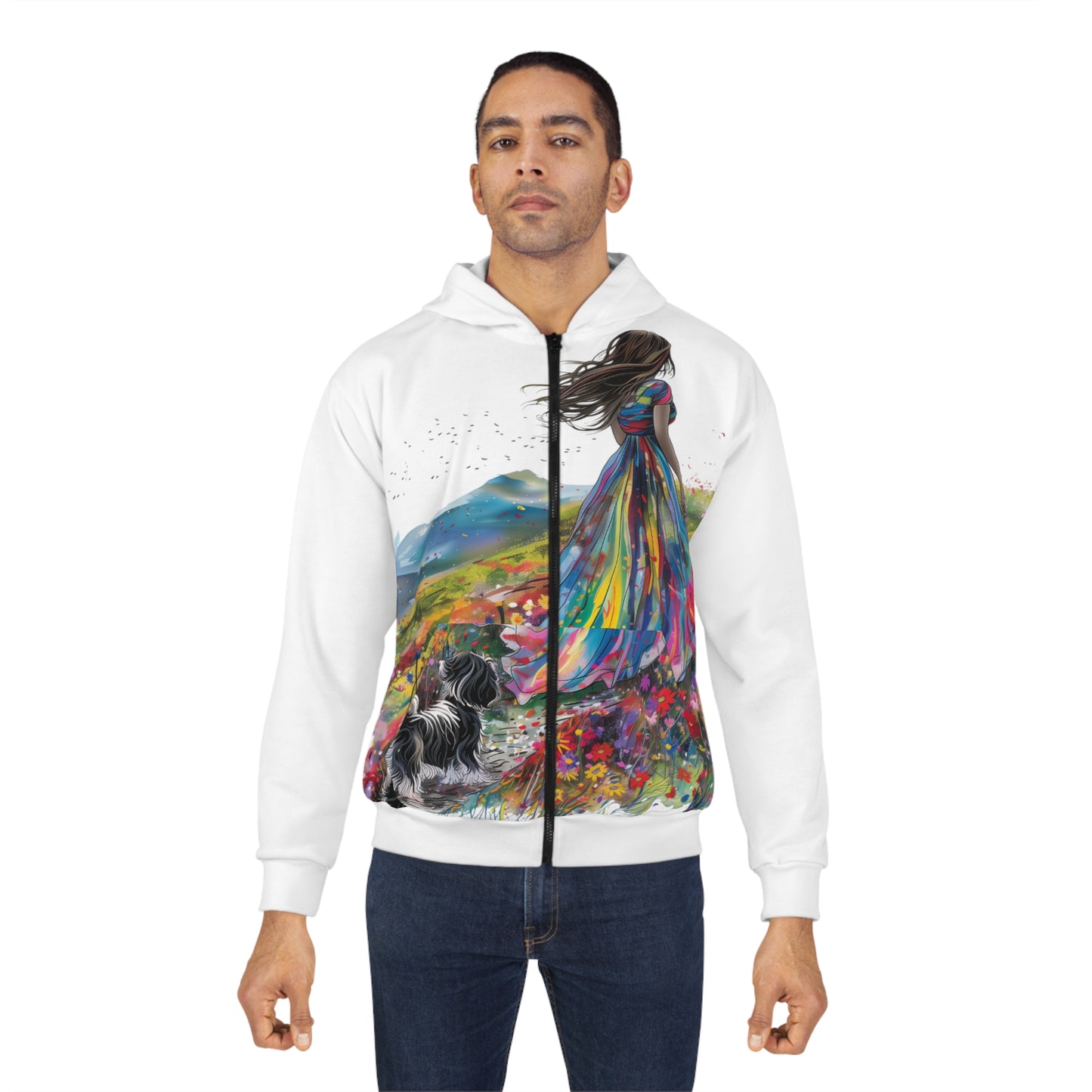 Mountain Walk Unisex Zip Hoodie - Lady with Dog Design