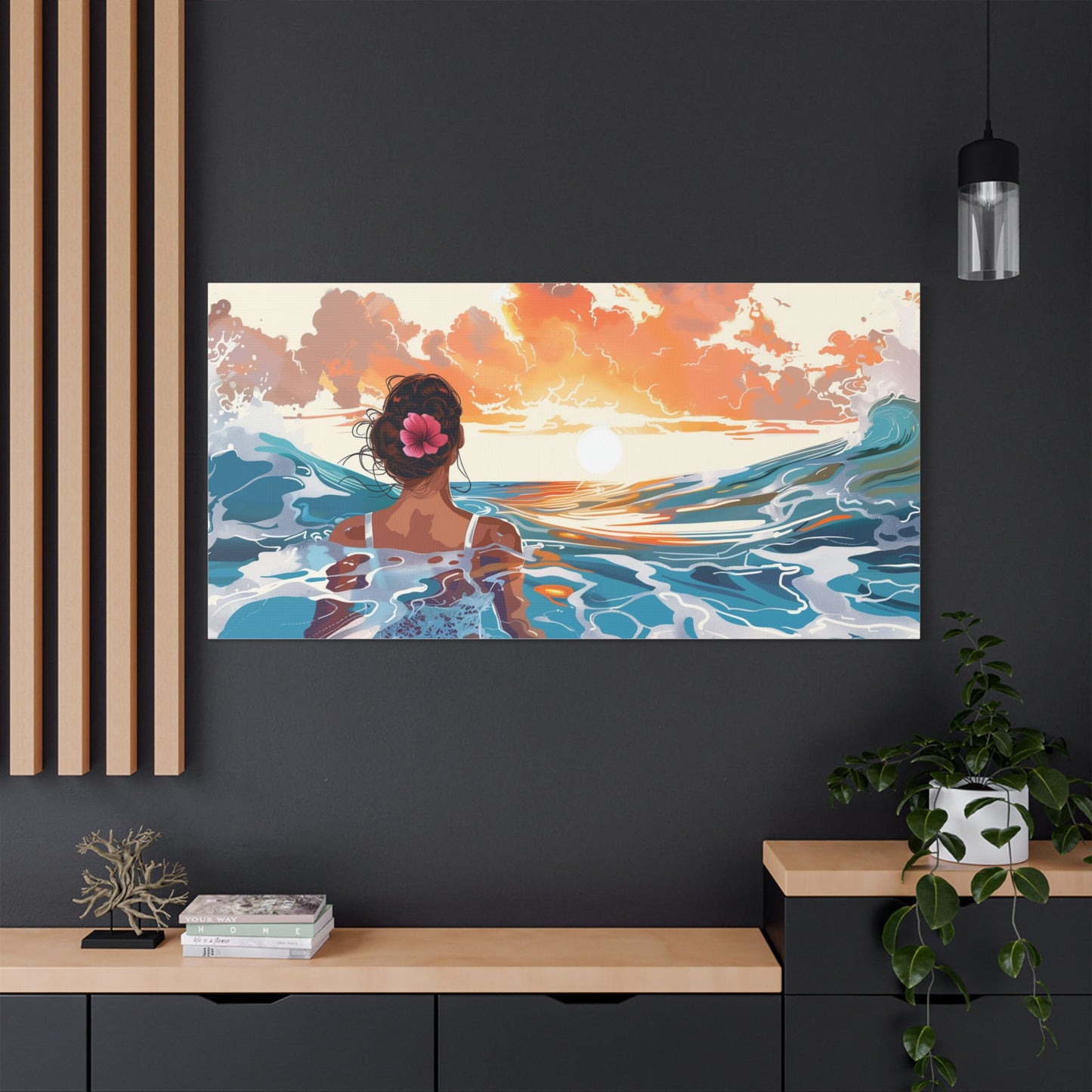 Sunset Ocean Canvas — Woman at Sea Stretched Satin Wall Art
