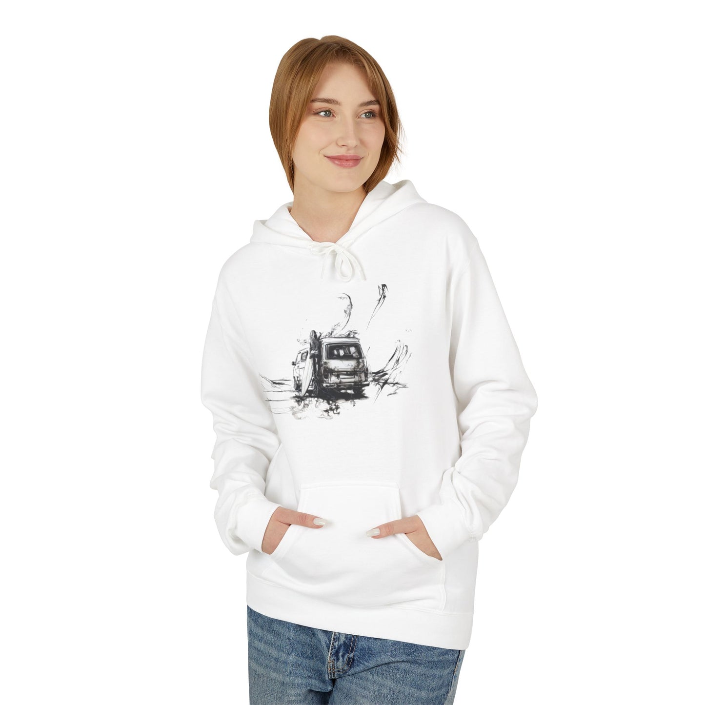 Hoodie - Surfer Girl Alone on the Beach with Campervan