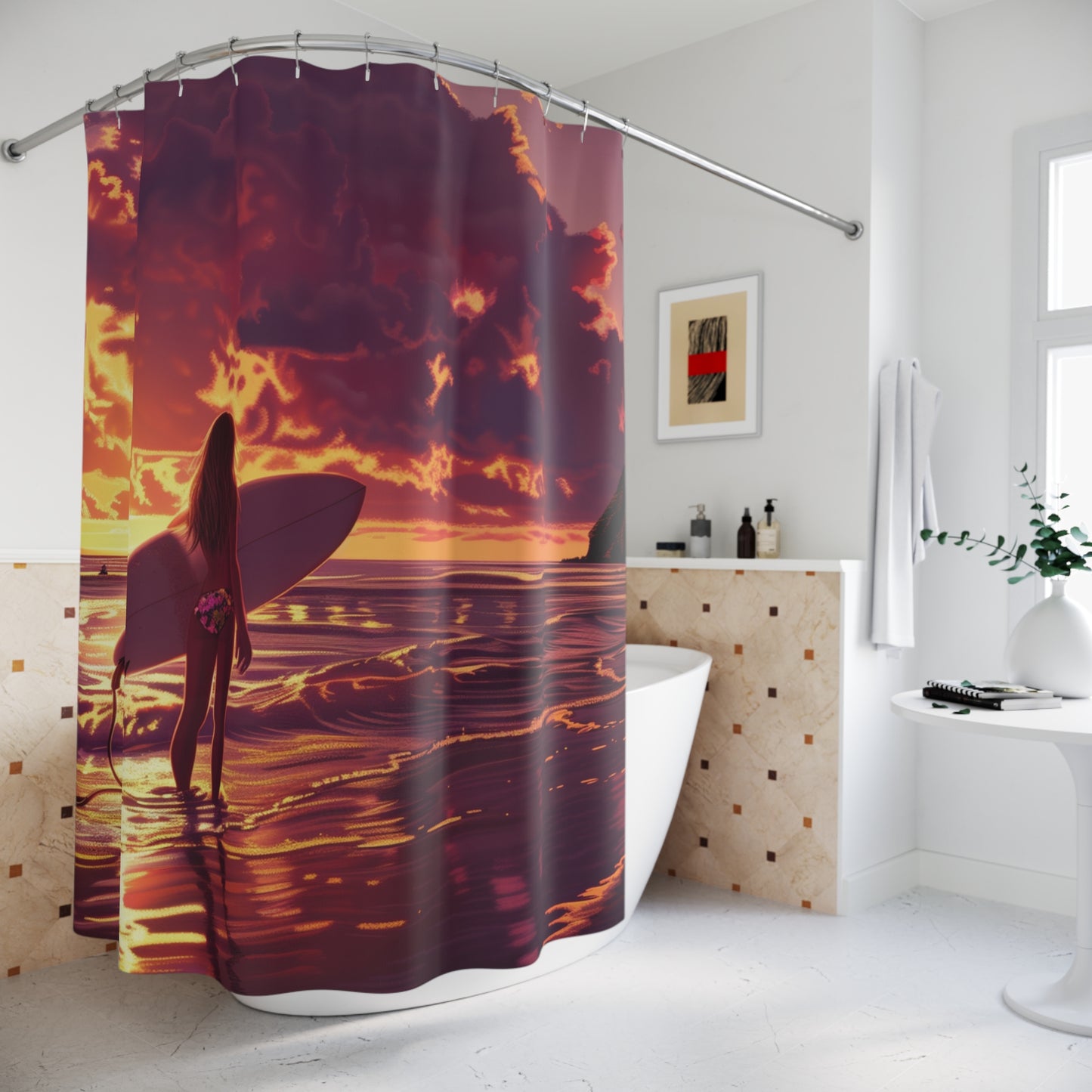 Surfer Girl Sunset Shower Curtain