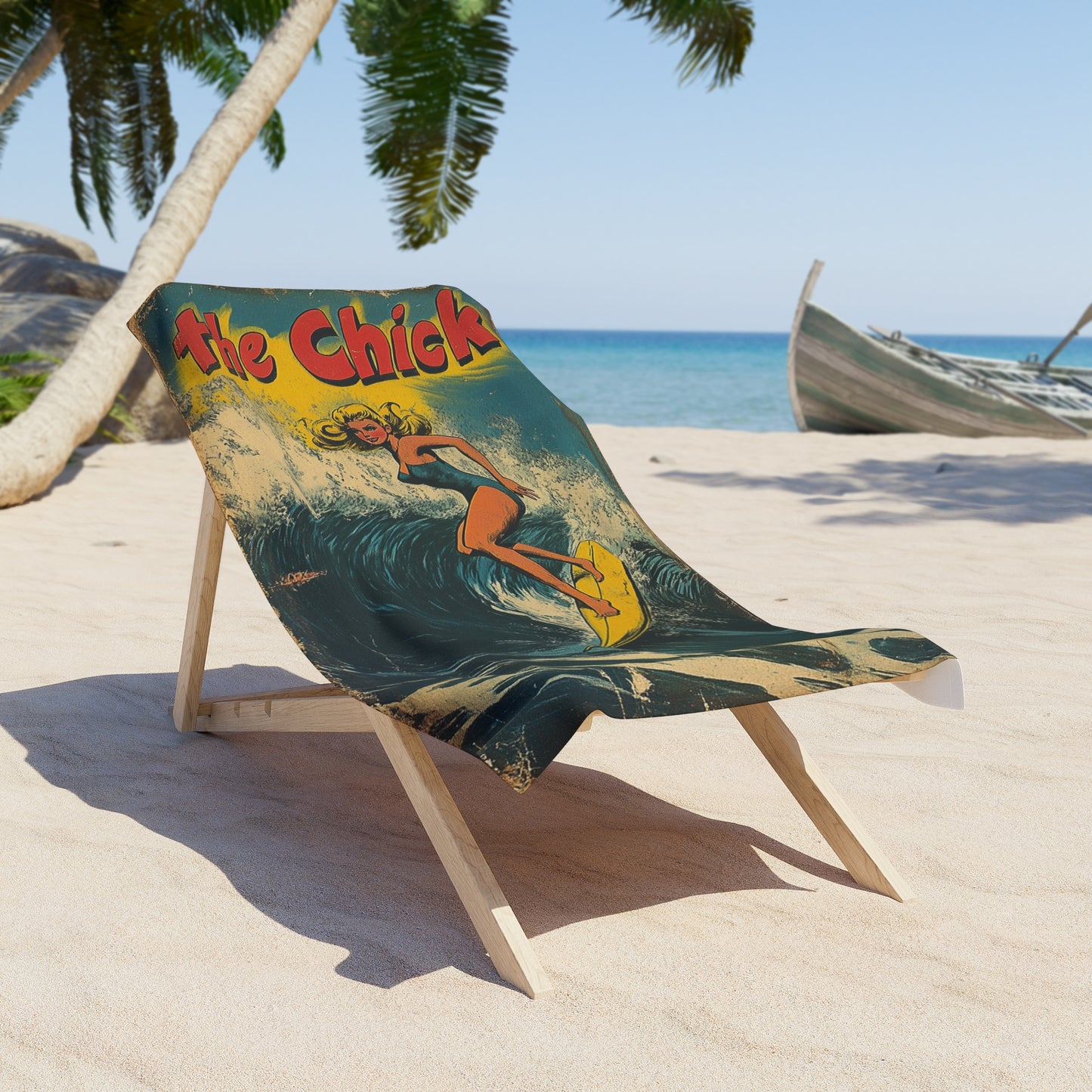 Beach Towel Retro Comic Book Surfers on Big Waves Chicks and Dudes
