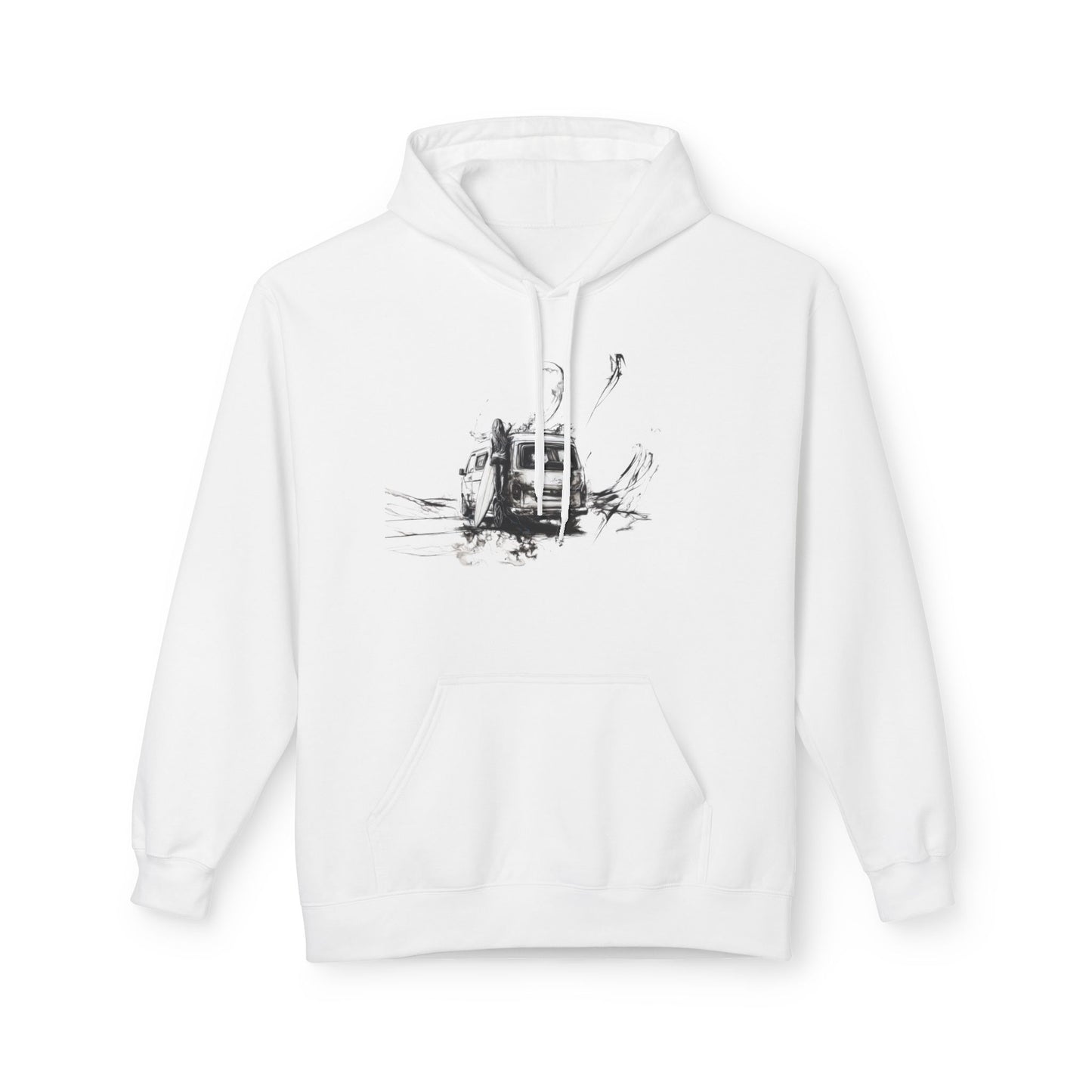 Hoodie - Surfer Girl Alone on the Beach with Campervan