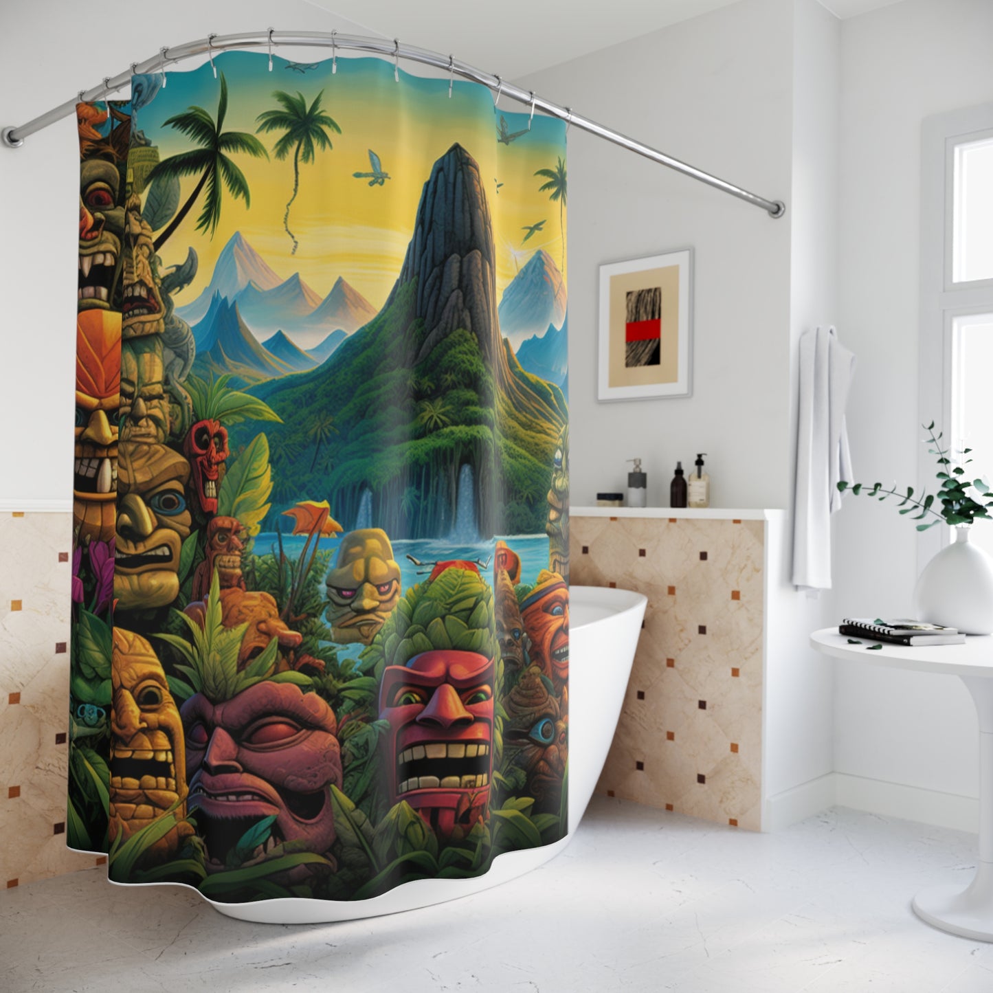 Shower Curtains - Tropical Island Tiki Statues Design
