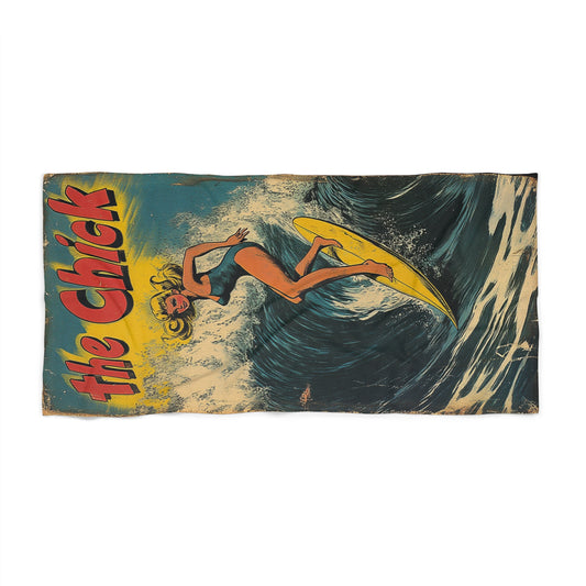 Beach Towel Retro Comic Book Surfers on Big Waves Chicks and Dudes