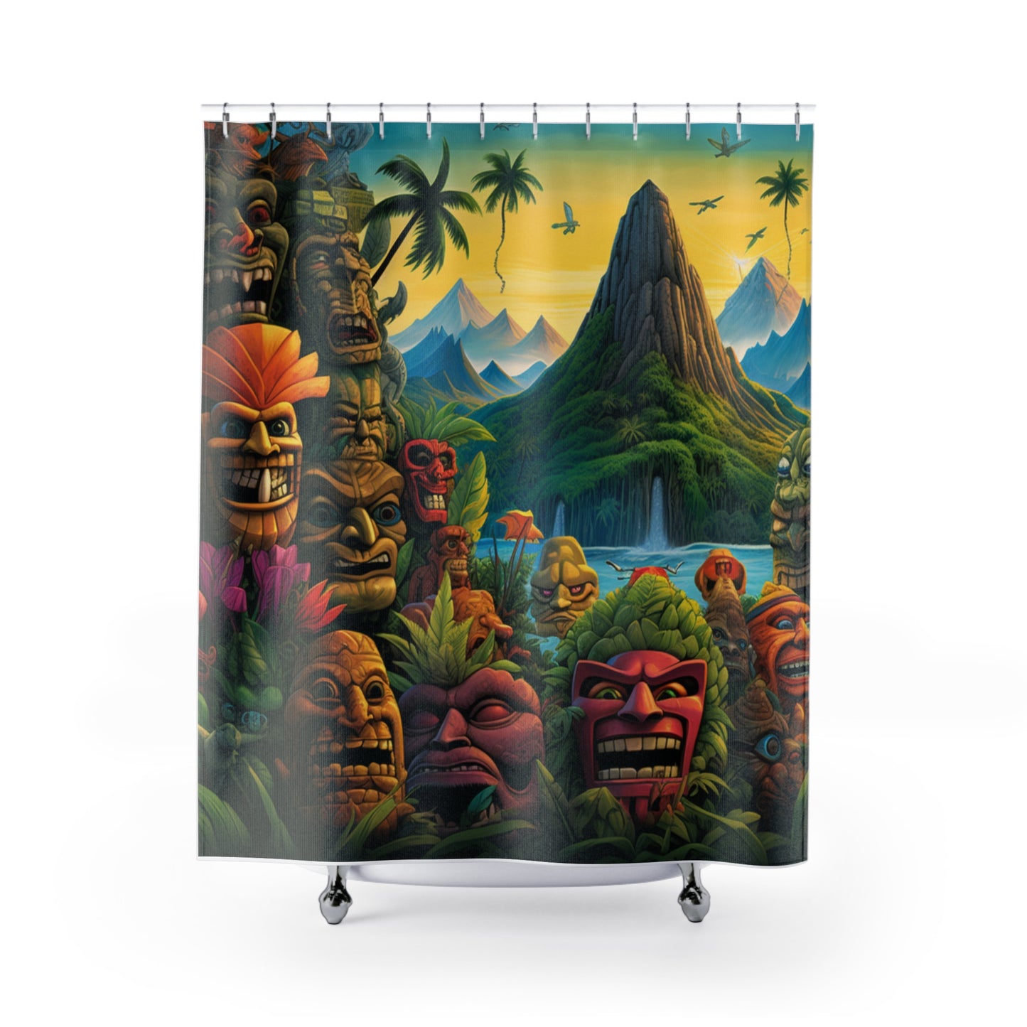 Shower Curtains - Tropical Island Tiki Statues Design