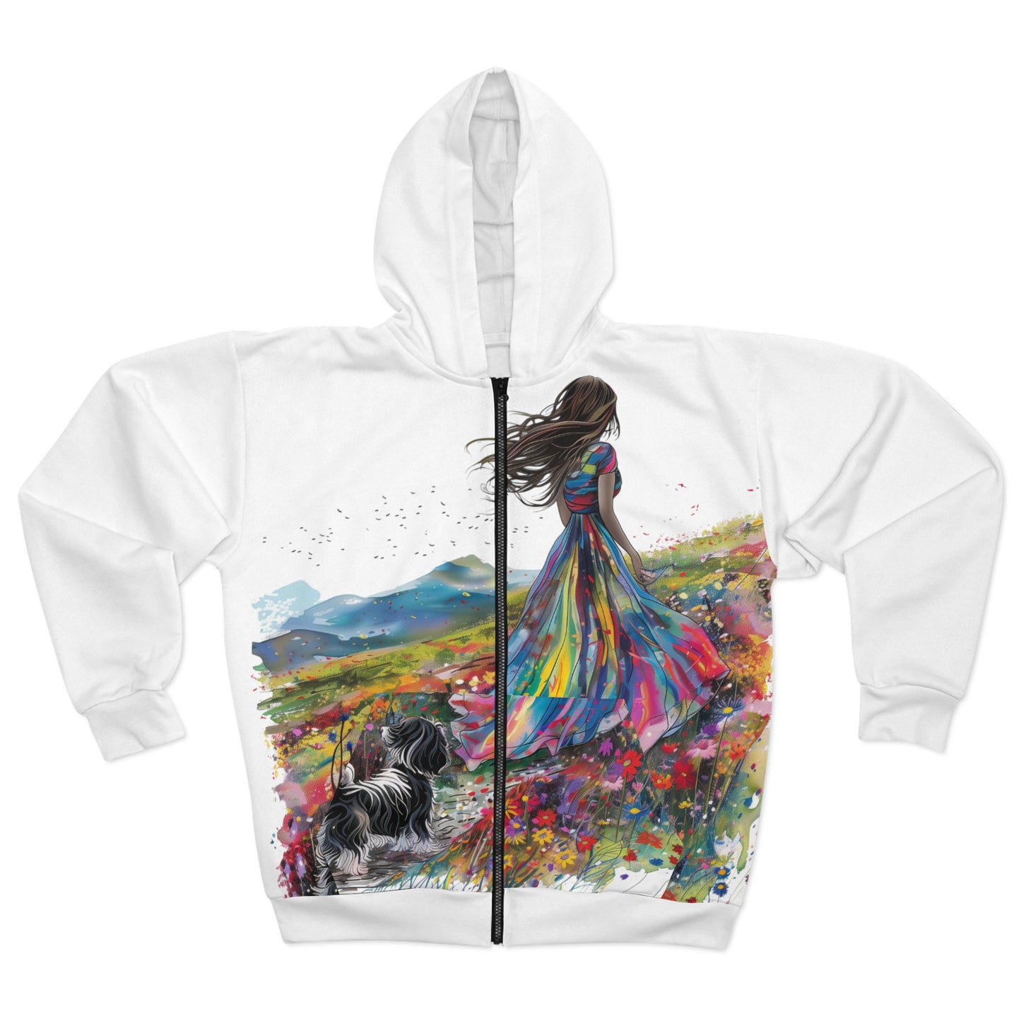 Mountain Walk Unisex Zip Hoodie - Lady with Dog Design