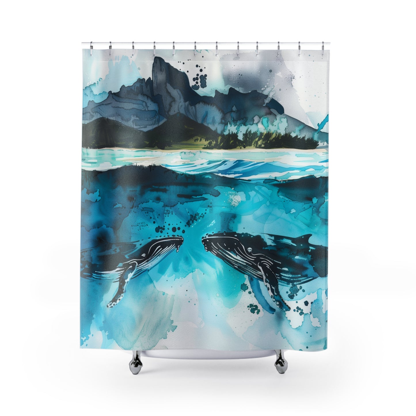 Whale Shower Curtains with Watercolor Artistic Design