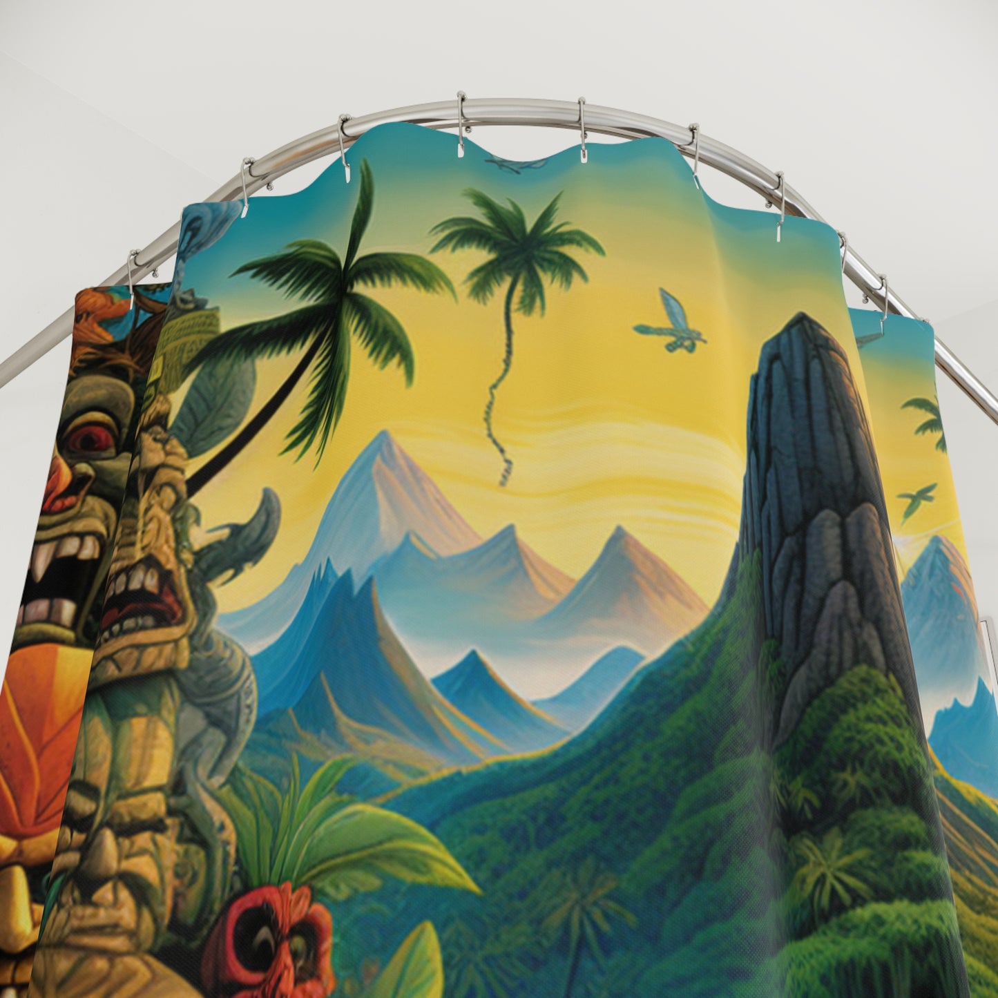 Shower Curtains - Tropical Island Tiki Statues Design