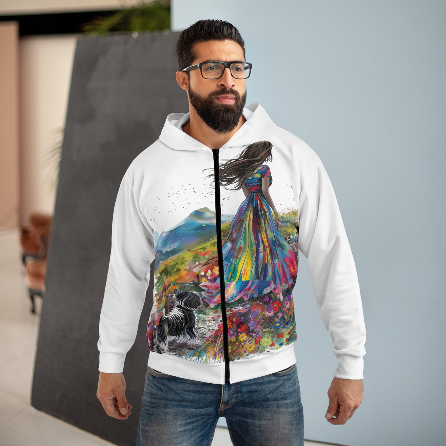 Mountain Walk Unisex Zip Hoodie - Lady with Dog Design