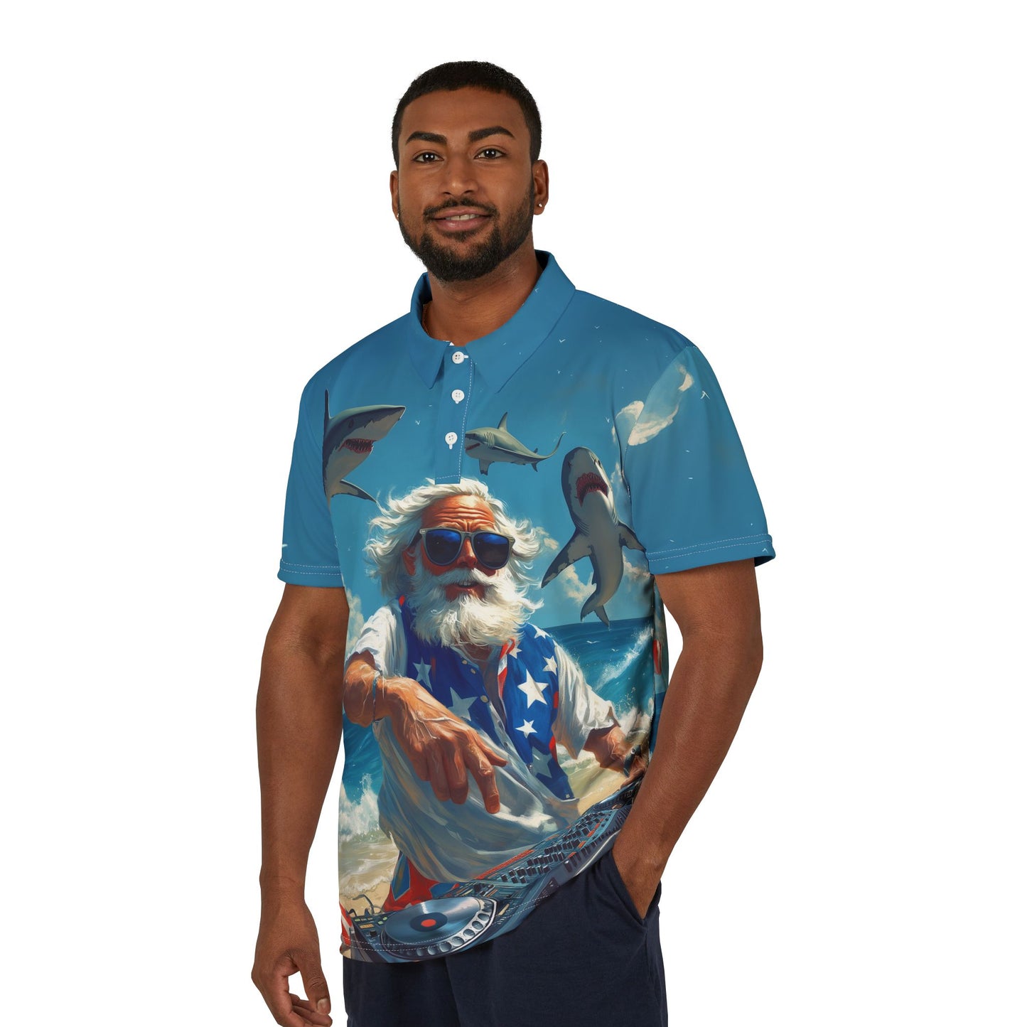 Fourth of July Unisex Polo Shirt - Uncle Sam DJ'ing on the Beach