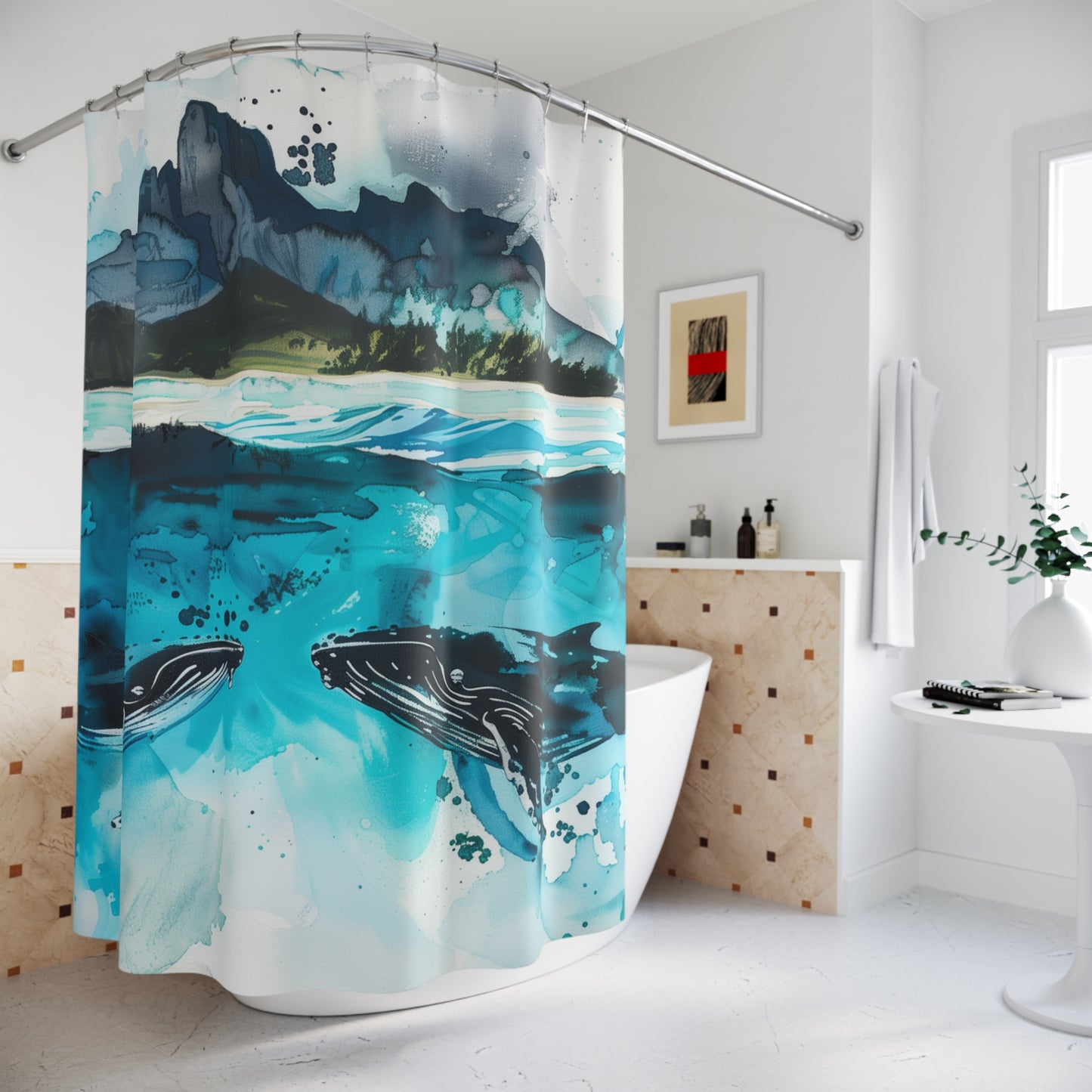 Whale Shower Curtains with Watercolor Artistic Design