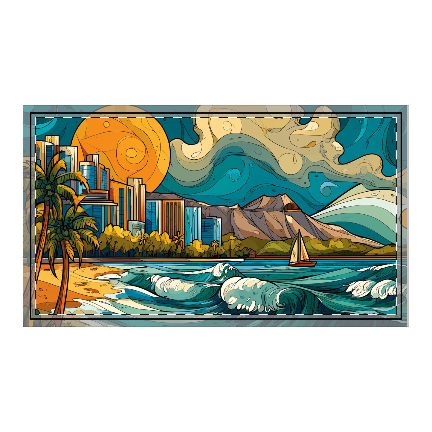Hawaii Surf Coastal Pillow Sham — Waikiki Beachscape Cotton Decorative Sham v2