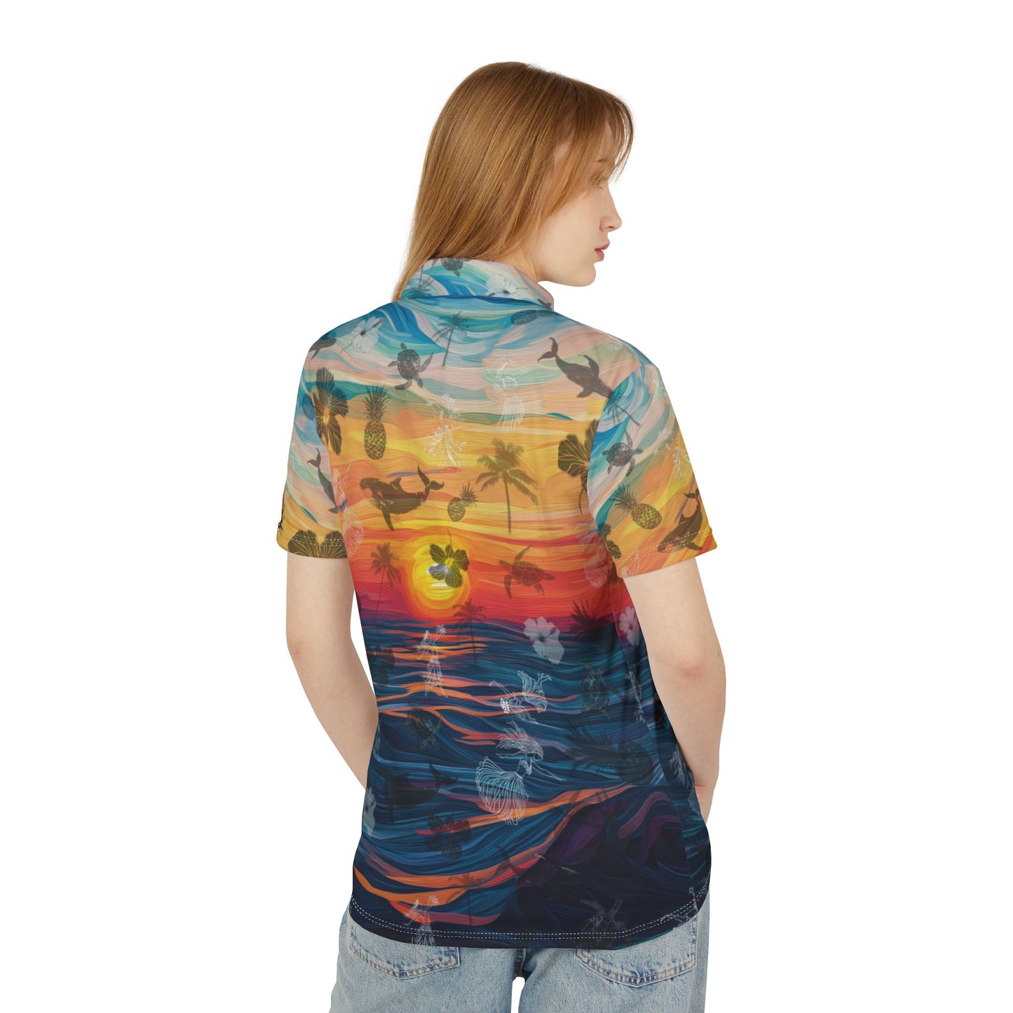 Tropical Aloha Unisex Polo Shirt with Sunset Graphics - Full Pattern
