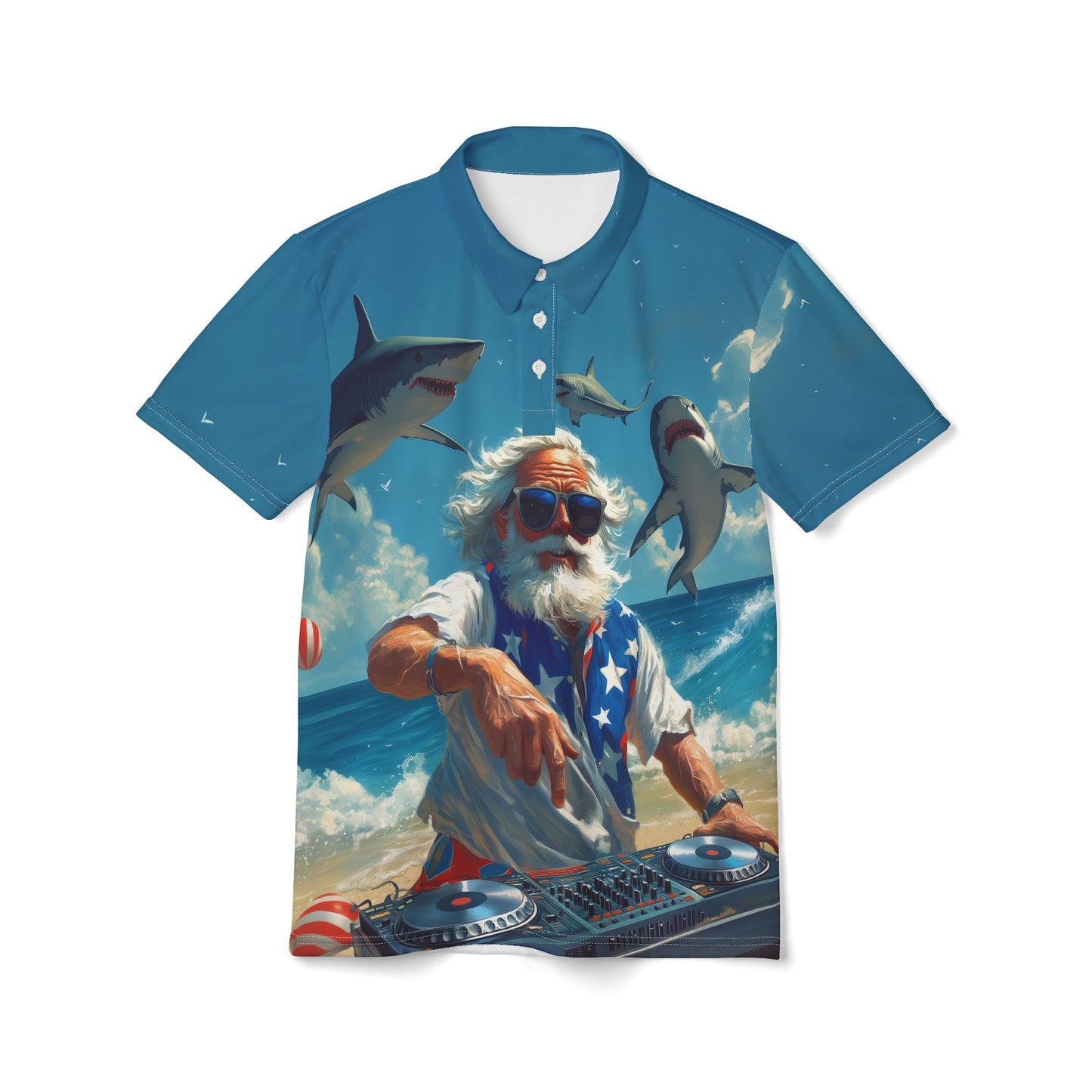 Fourth of July Unisex Polo Shirt - Uncle Sam DJ'ing on the Beach