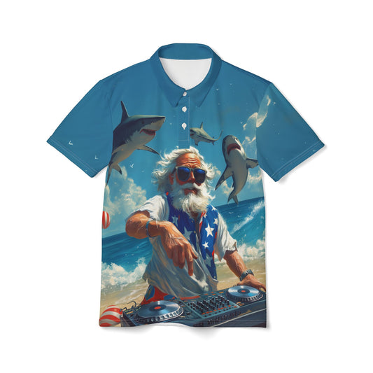 Fourth of July Unisex Polo Shirt - Uncle Sam DJ'ing on the Beach