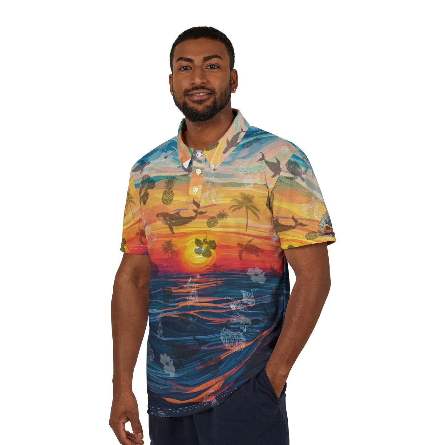 Tropical Aloha Unisex Polo Shirt with Sunset Graphics - Full Pattern