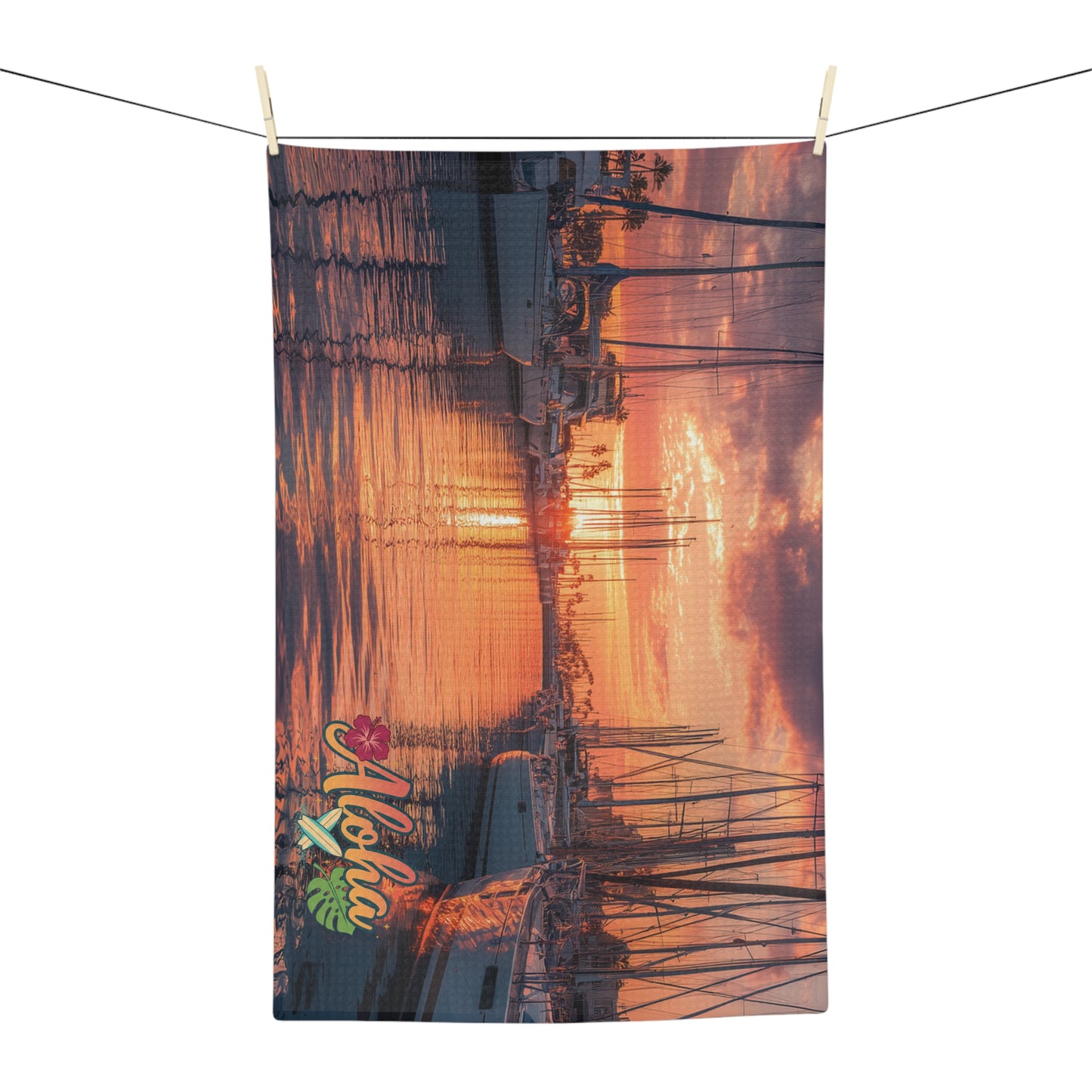 Aloha Harbor Sunset Microfiber Tea Towel — Tropical Boat Marina Beach Kitchen Decor