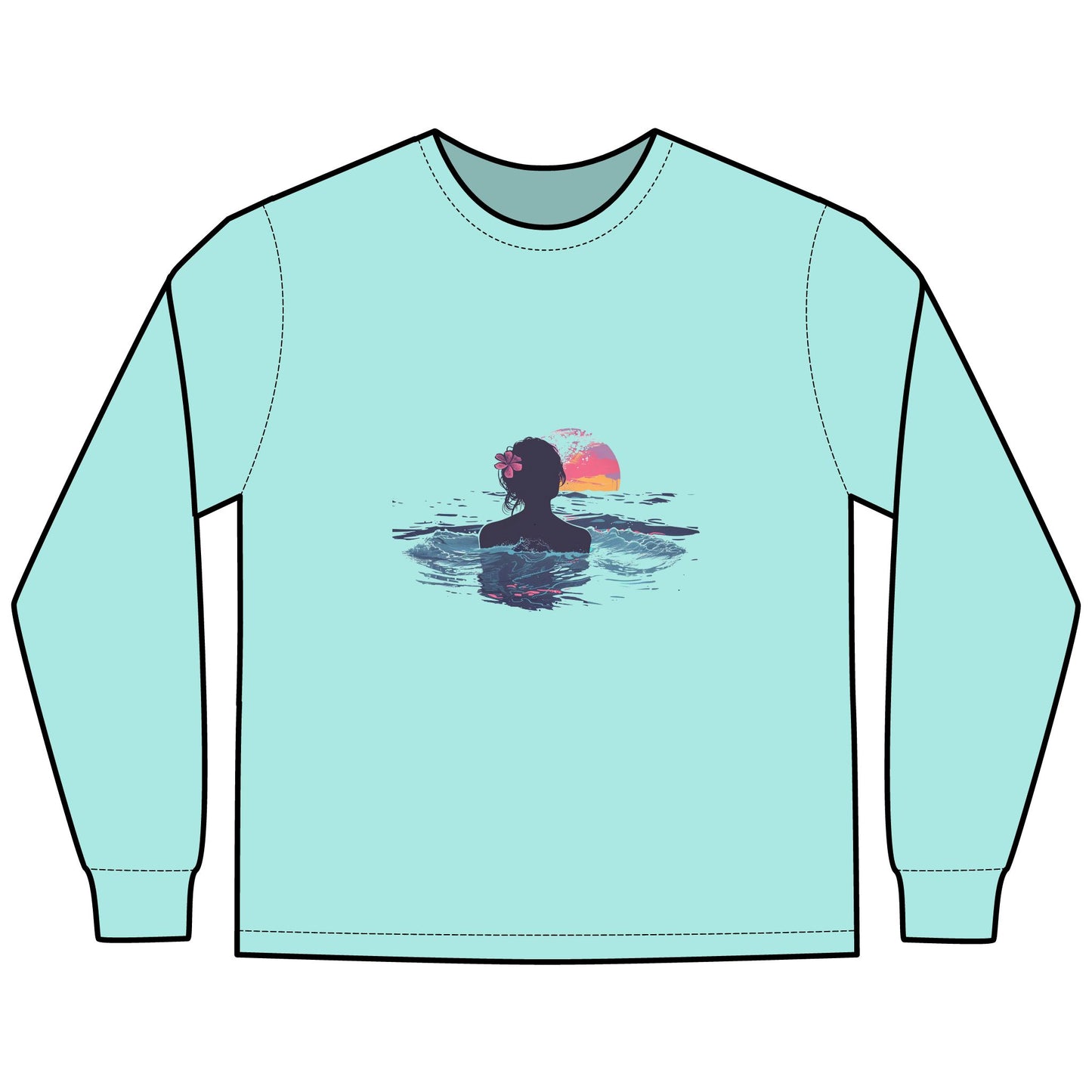 Long Sleeve T-Shirt - Lady in Tide Pool Watching Sunset Ocean Scene