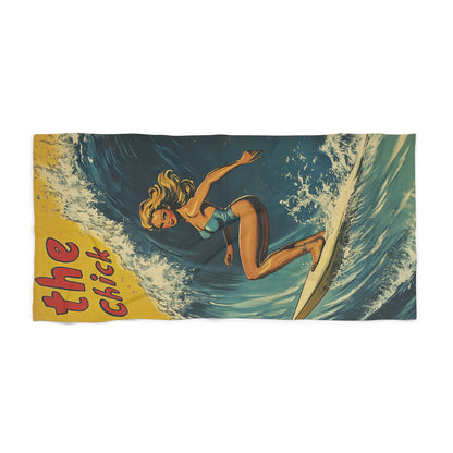 Beach Towel Retro Comic Book Surfers on Big Waves Chicks and Dudes V2