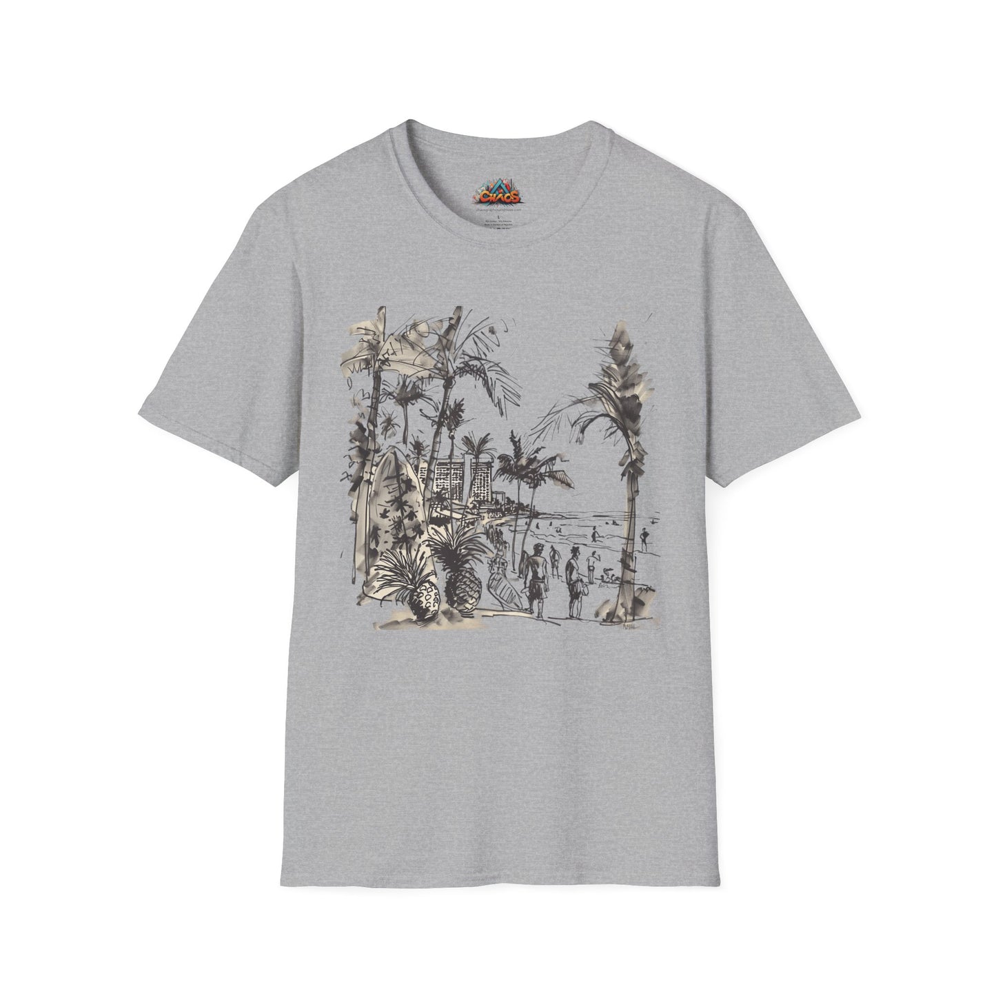 Waikiki Messy Ink Drawing - Unisex Softstyle T-Shirt