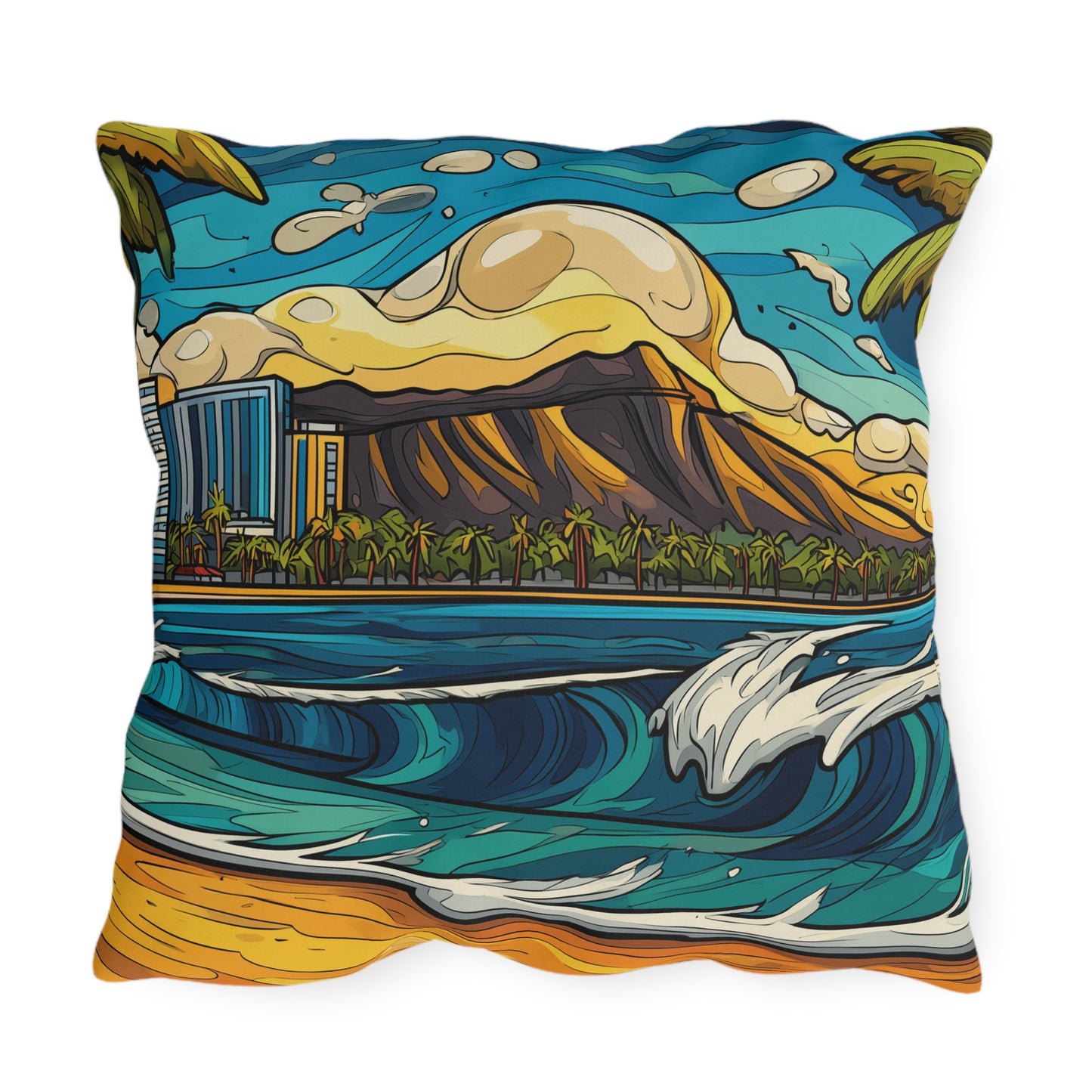 Coastal Cityscape Outdoor Pillow — Vibrant Surf & Skyline Throw Pillow
