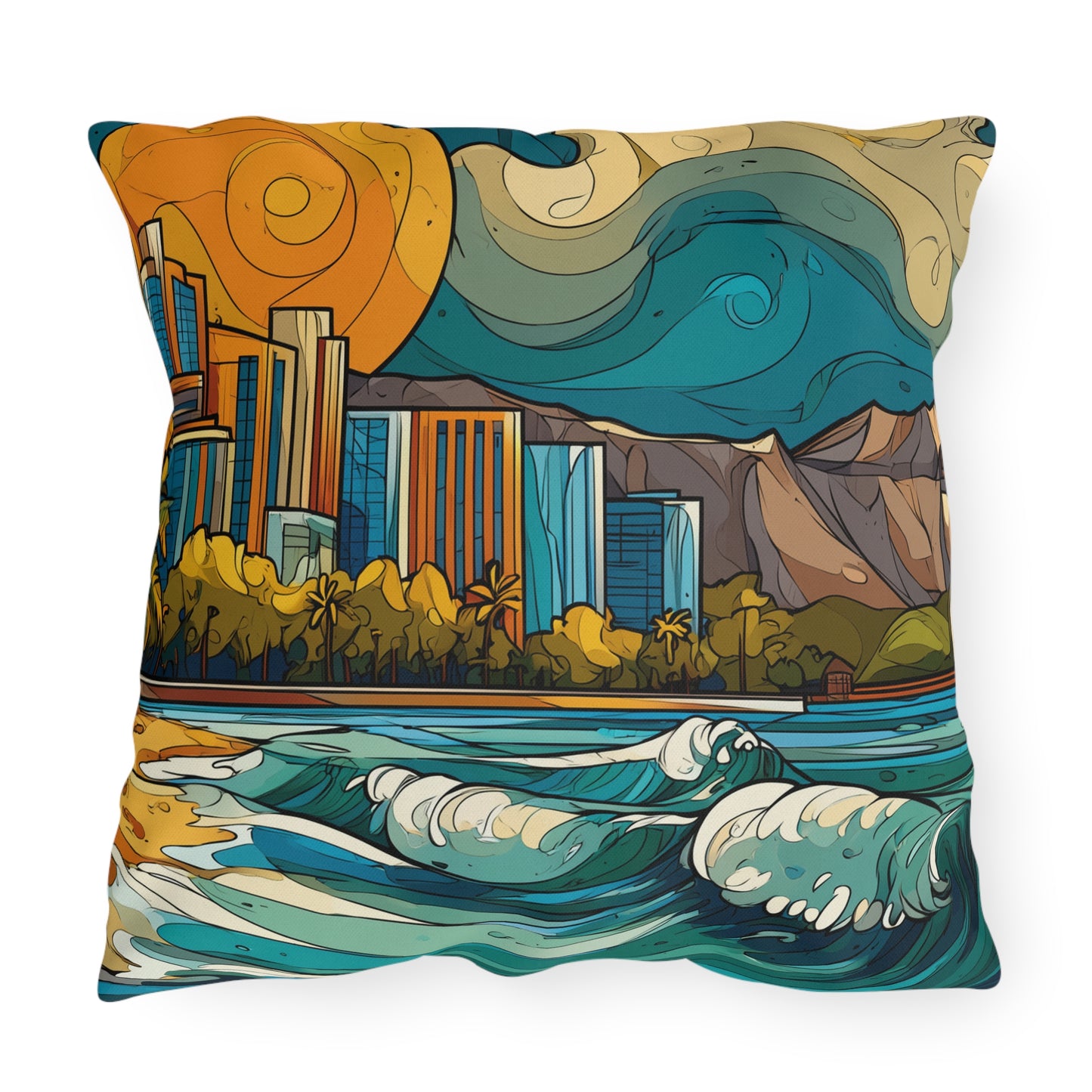 Coastal Cityscape Outdoor Pillow — Vibrant Surf & Skyline Throw Pillow