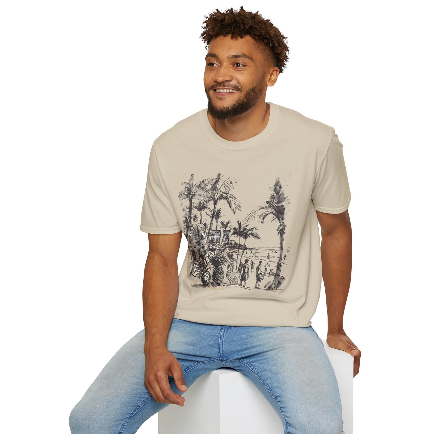 Waikiki Messy Ink Drawing - Unisex Softstyle T-Shirt