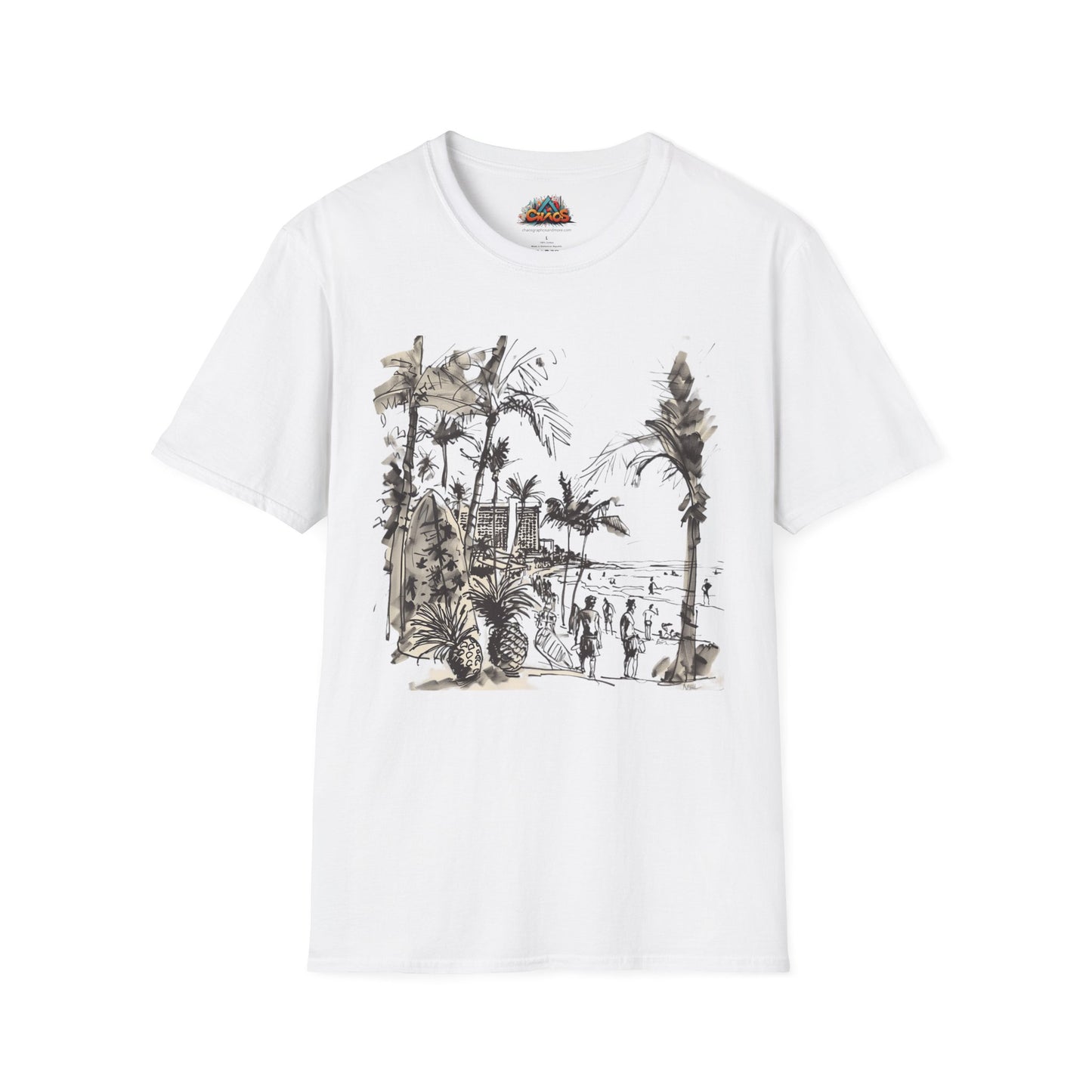 Waikiki Messy Ink Drawing - Unisex Softstyle T-Shirt