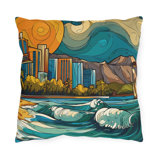 Coastal Cityscape Outdoor Pillow — Vibrant Surf & Skyline Throw Pillow
