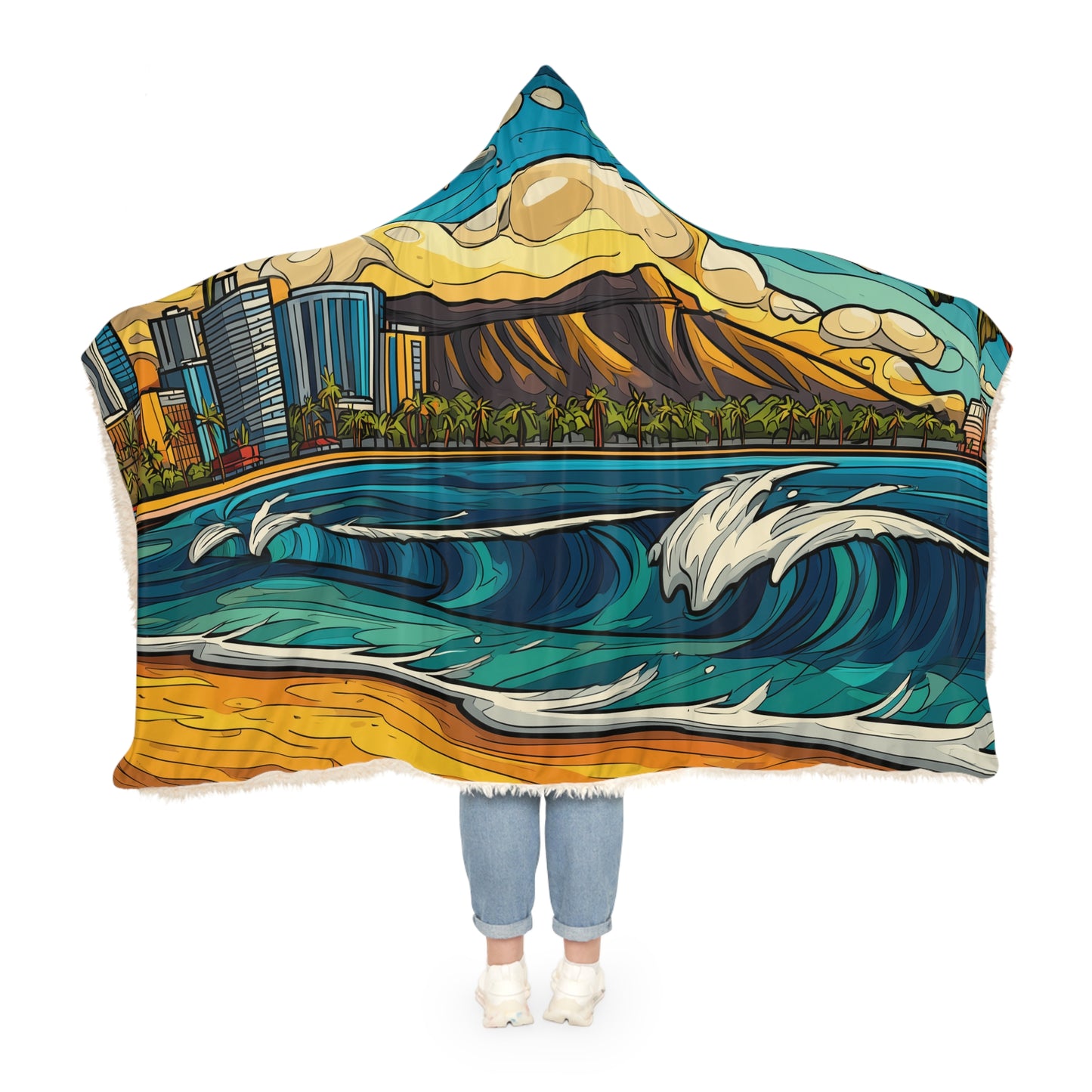 Hooded Beach Wave Snuggle Blanket – Tropical Ocean Sunset Design