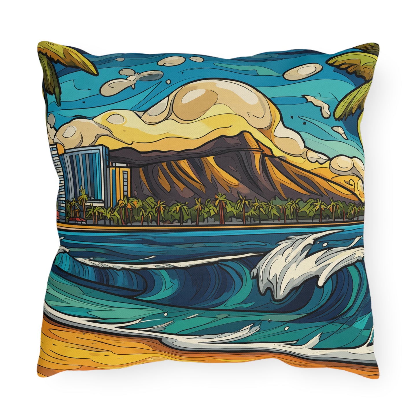Coastal Cityscape Outdoor Pillow — Vibrant Surf & Skyline Throw Pillow