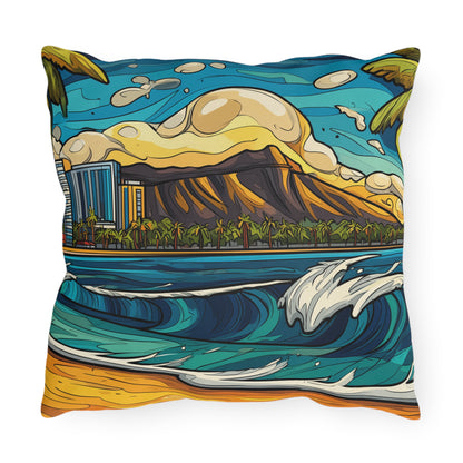Coastal Cityscape Outdoor Pillow — Vibrant Surf & Skyline Throw Pillow