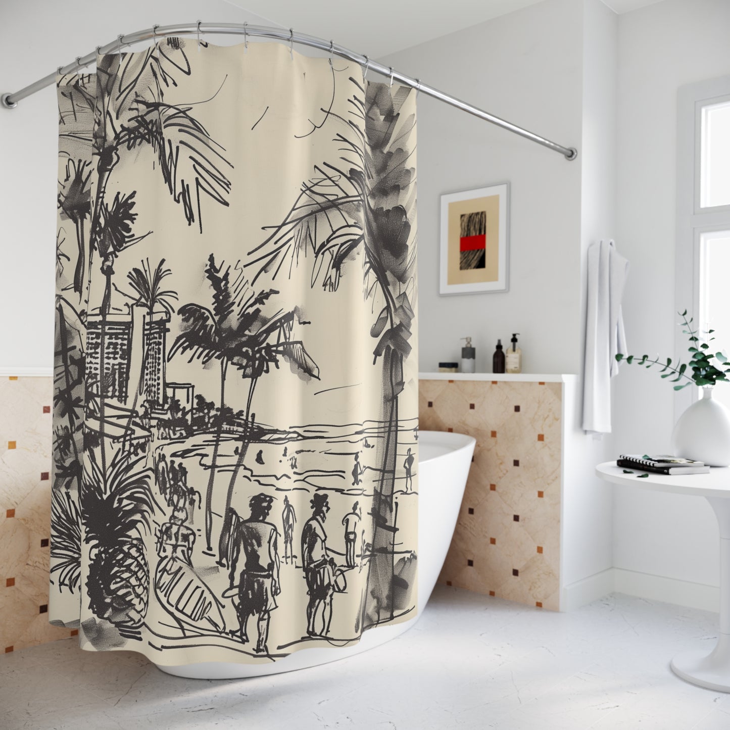 Artistic Shower Curtain - Waikiki Black Ink Sketch