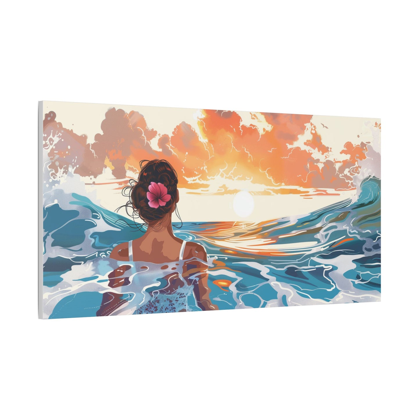 Sunset Ocean Canvas — Woman at Sea Stretched Satin Wall Art