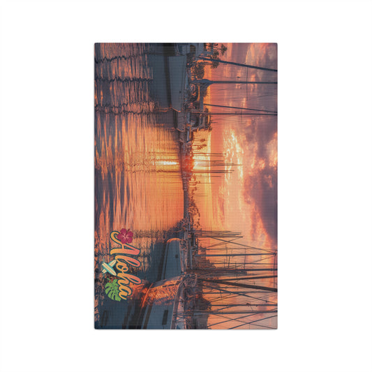Aloha Harbor Sunset Microfiber Tea Towel — Tropical Boat Marina Beach Kitchen Decor