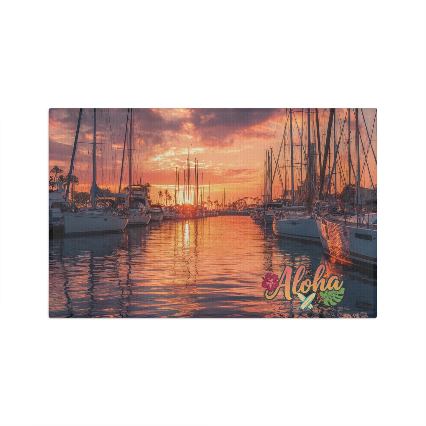 Aloha Harbor Sunset Microfiber Tea Towel — Tropical Boat Marina Beach Kitchen Decor