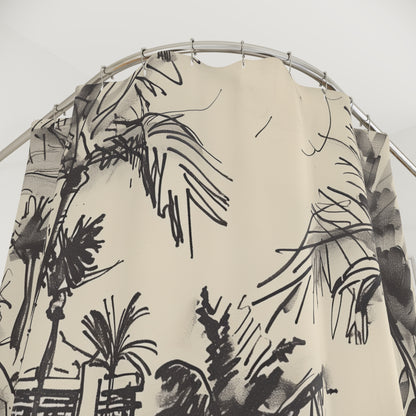 Artistic Shower Curtain - Waikiki Black Ink Sketch