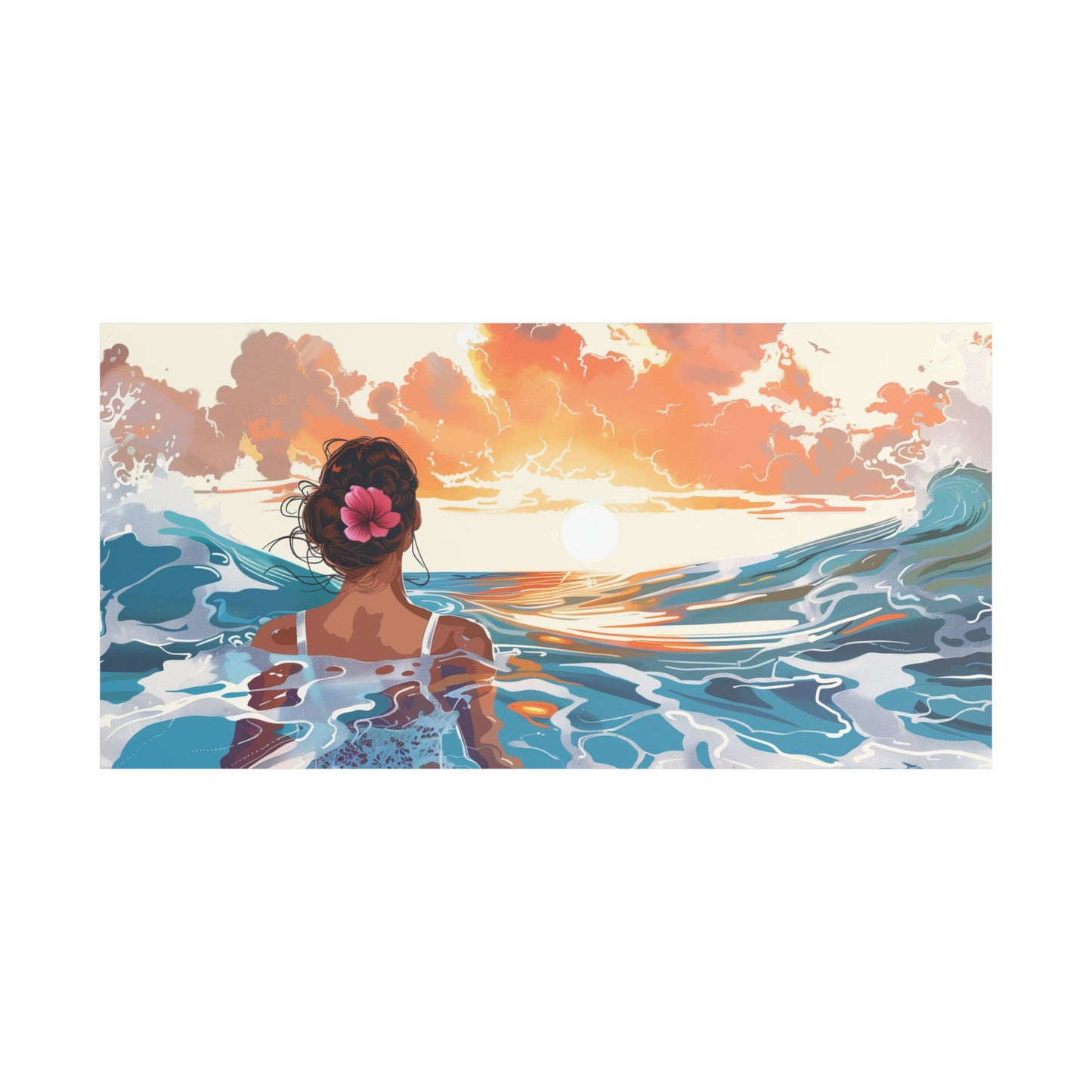 Sunset Ocean Canvas — Woman at Sea Stretched Satin Wall Art