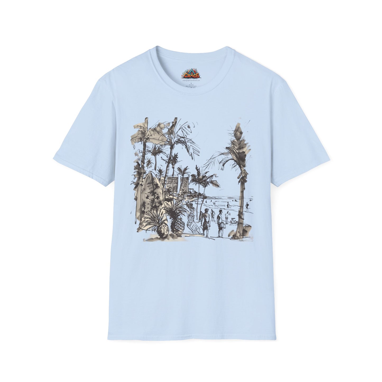 Waikiki Messy Ink Drawing - Unisex Softstyle T-Shirt