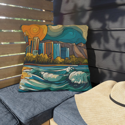 Coastal Cityscape Outdoor Pillow — Vibrant Surf & Skyline Throw Pillow