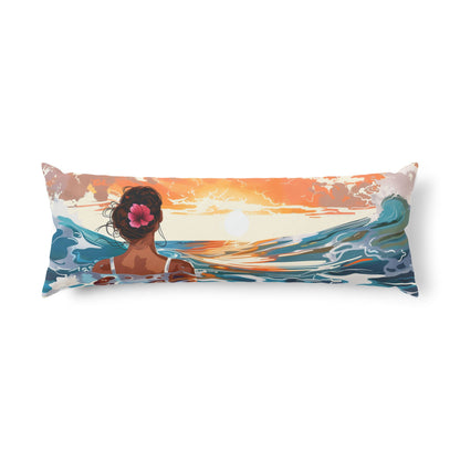 Sunset Surf Body Pillow — Tropical Beach Woman Illustration