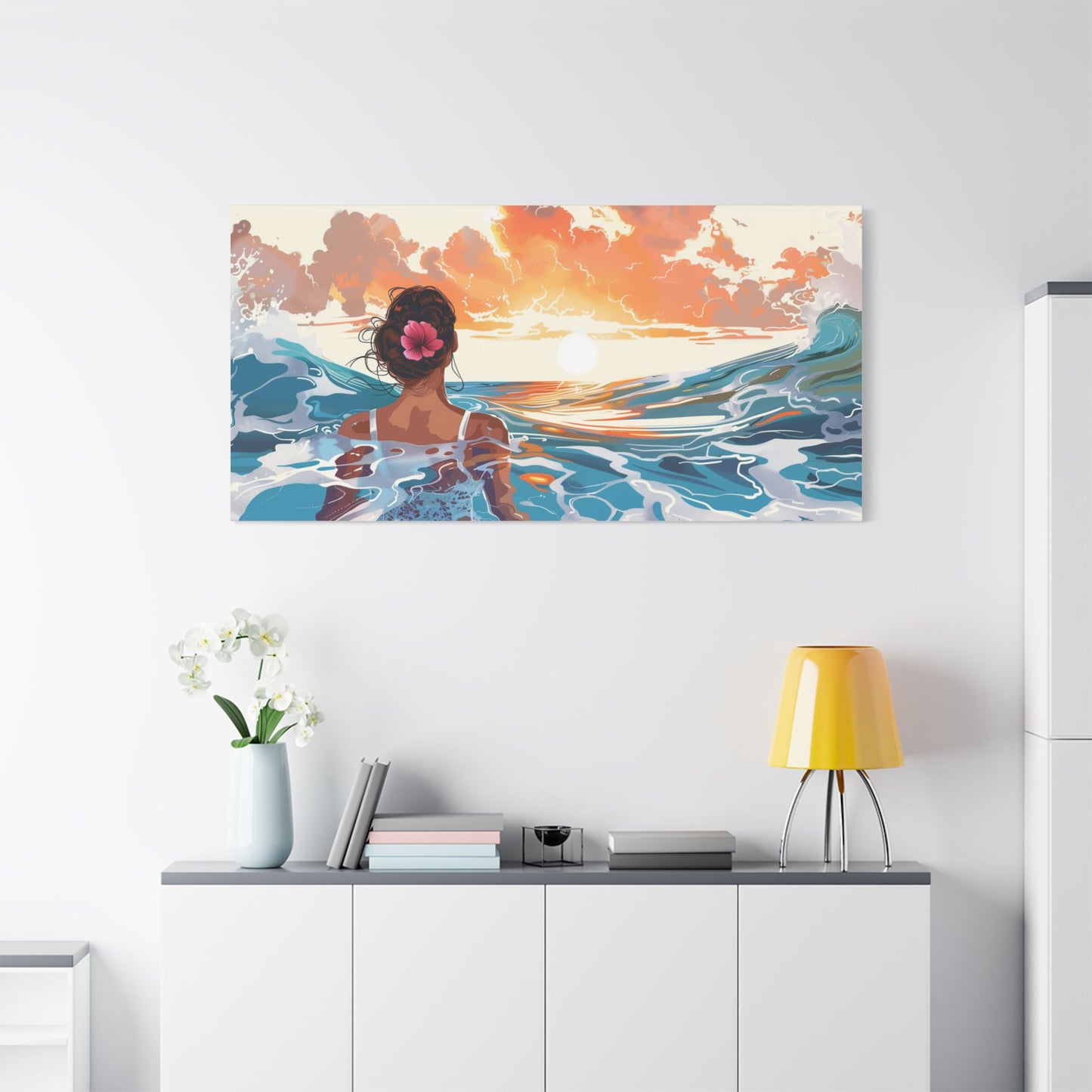 Sunset Ocean Canvas — Woman at Sea Stretched Satin Wall Art