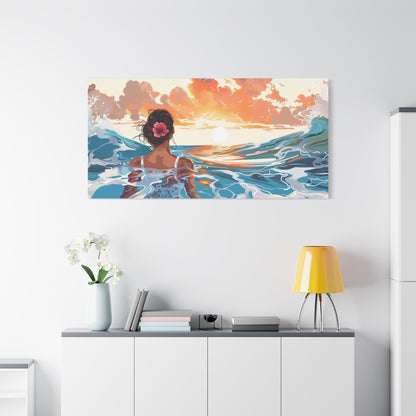 Sunset Ocean Canvas — Woman at Sea Stretched Satin Wall Art