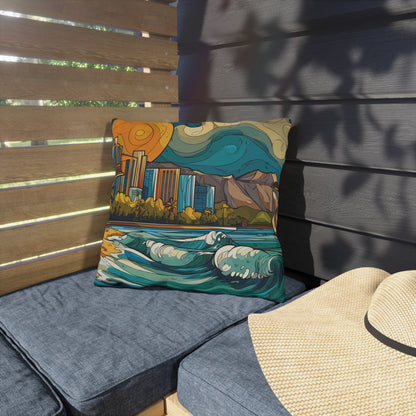 Coastal Cityscape Outdoor Pillow — Vibrant Surf & Skyline Throw Pillow