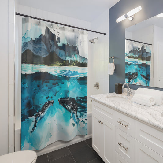 Whale Shower Curtains with Watercolor Artistic Design