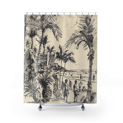 Artistic Shower Curtain - Waikiki Black Ink Sketch