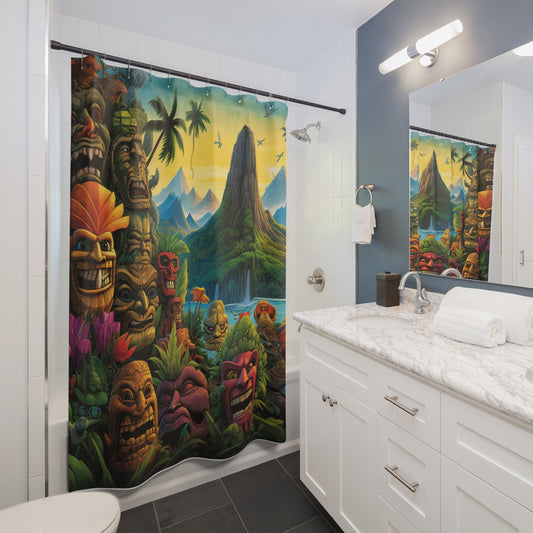 Shower Curtains - Tropical Island Tiki Statues Design