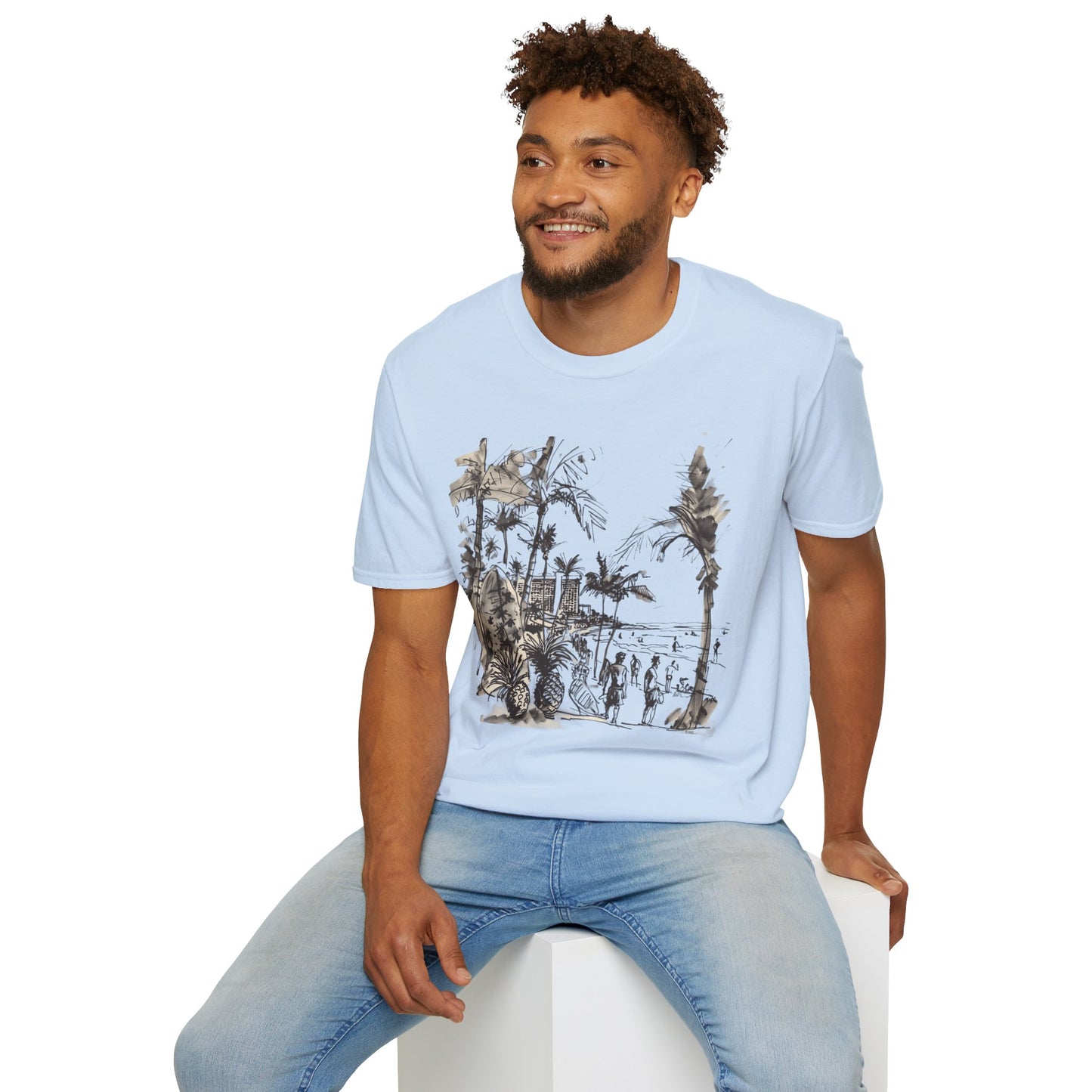 Waikiki Messy Ink Drawing - Unisex Softstyle T-Shirt