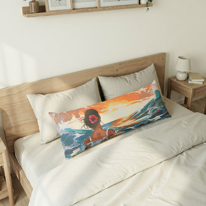 Sunset Surf Body Pillow — Tropical Beach Woman Illustration